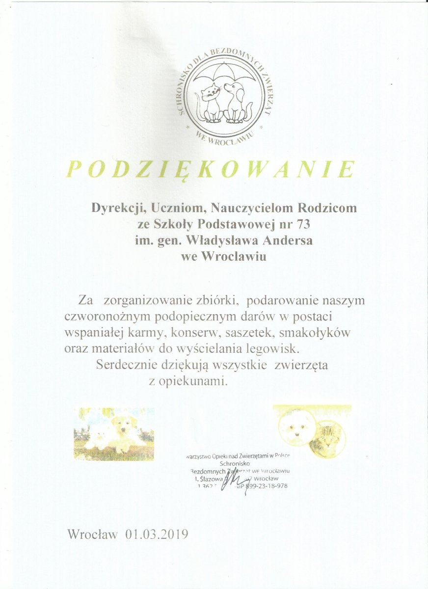 Podziękowanie schronisko 2019