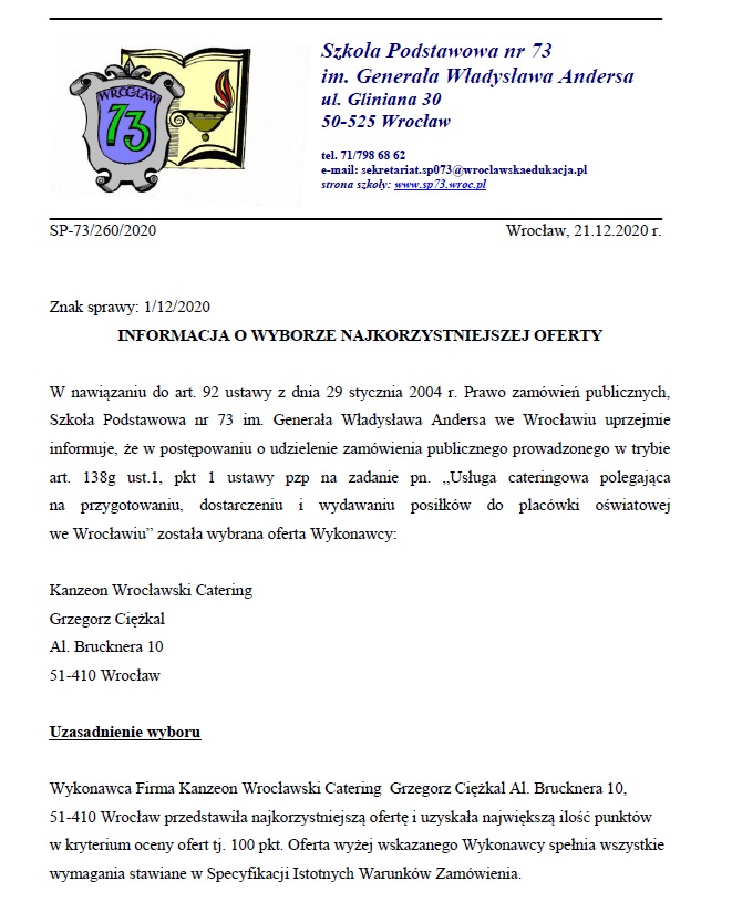 INFORMACJA O WYBORZE NAJKORZYSTNIEJSZEJ OFERTY - 1 - 21.12.2020